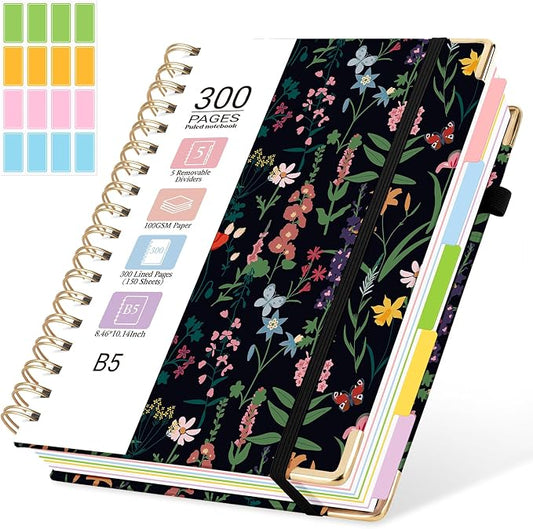 Hardcover Spiral Journal Notebook, 300 Pages 5 Subject Notebook College Ruled with Removable Dividers Tabs, 8" x 10" Notebooks for Work, Spiral Ruled Lined Writing Journal Hardcover Leather Notebook for School (Black Floral, 8''x 10'')