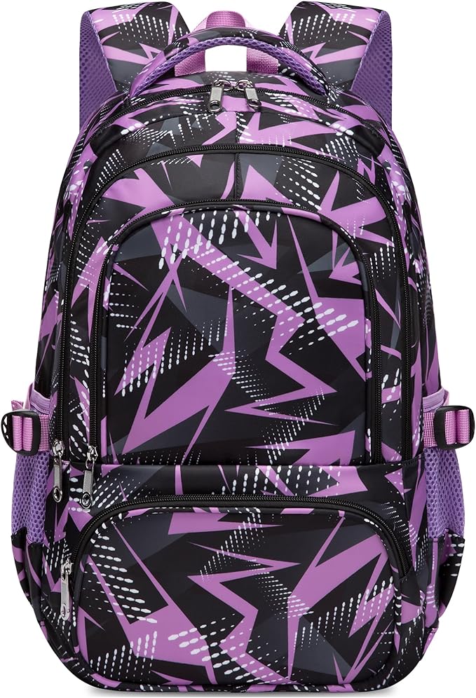 BLUEFAIRY Kids School Backpack for Boys Girls Ages 6-8 8-10 10-12 Elementary Middle School Book Bags with Laptop Compartment Mochilas Escolares para Niños Niñas de 8 10 12 Años (Purple, Geometric)