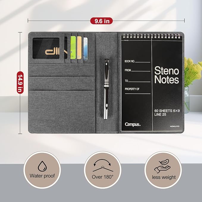 Journal Cover for Rocketbook Flip | 6"x9" Steno Pad Holder & Top Spiral Notebook Cover | Waterproof Folio with Pen Loop & File Pocket for A5, Executive Size Notebooks (Gray)
