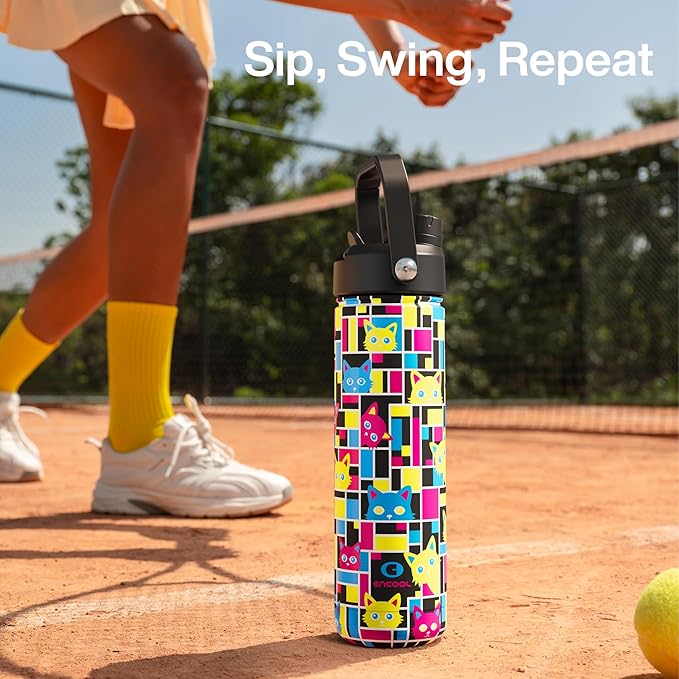 ENCOOL Insulated Water Bottle with Straw Stainless Steel Water Bottle, Leak-Proof, BPA-Free, Double Wall Vacuum Keeps Cold for 24 Hours for Sports, Travel, School (26 oz, Mosaic Cats)