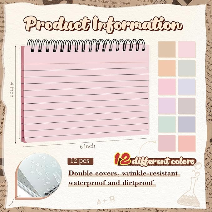 12 Pcs Large Index Cards with Ring Set 4x6 Colored Ruled Notecards with Waterproof Covers Spiral Flashcards for Studying, Learning, College, School, Office, Home Supplies(Dreamy)