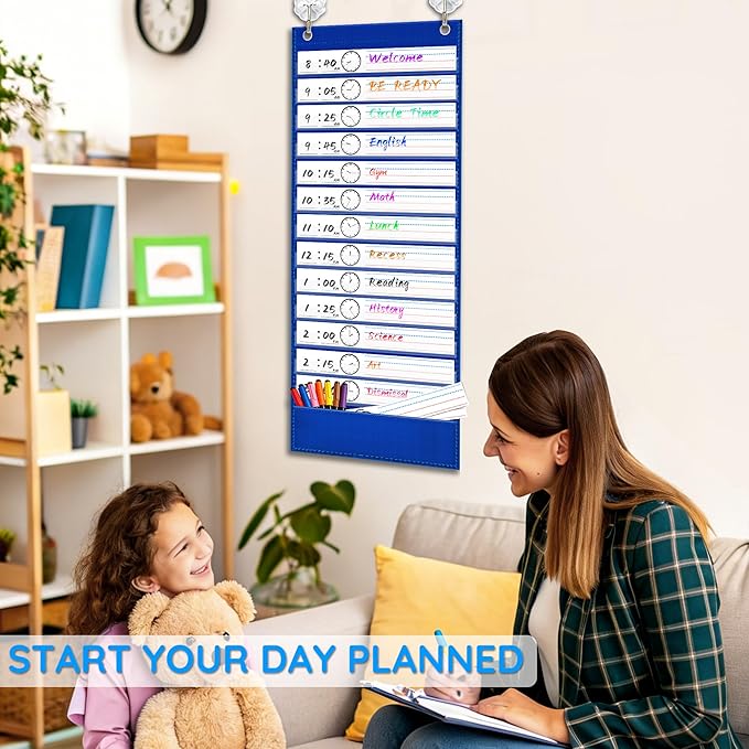 ZKOO Daily Schedule Pocket Chart, 13+1 Pocket Visual Schedule with 18 Double-Sided Reusable Dry-Erase Cards, Teaching Scheduling Pocket Charts for Classroom, Homeschool, Special Education (Blue)