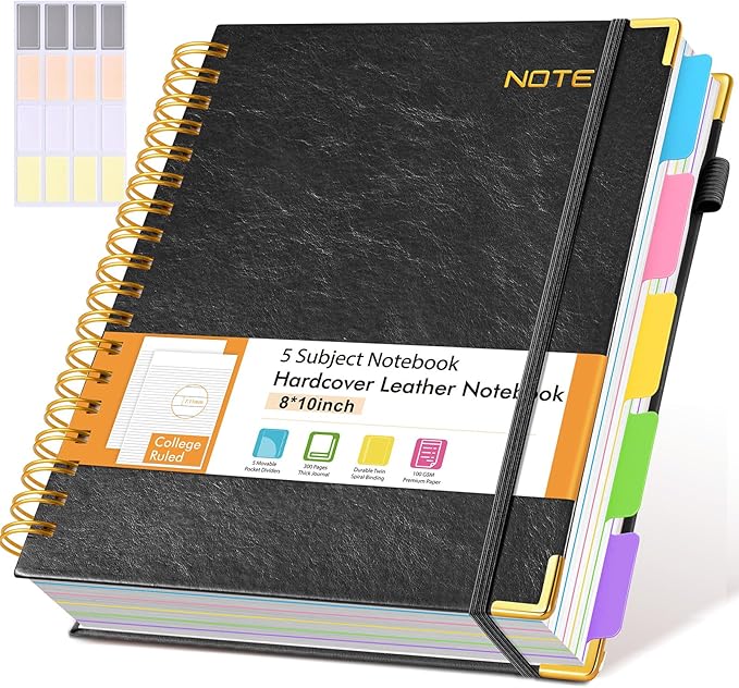Hardcover Large Spiral Notebook journal with Removable Dividers Tabs, 300 pages Leather 5 Subject Notebook College Ruled, 8" x 10"Journal for Women Men, Notebooks for Work School Note taking,B5 Black