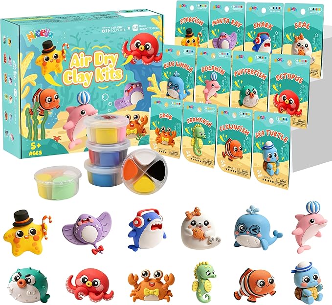 Air Dry Clay Kit, 12 Sea Creature Modeling Clay for Kids, Model Magic Clay with Sculpting Tools and Tutorials, Safe & Non-Toxic, DIY Arts & Crafts School Projects, Home Party Favors for Boys & Girls
