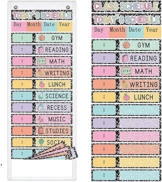 JarThenaAMCS Pastel Composition Daily Schedule Pocket Chart 13 x 35.5 in Back to School 13 + 1 Pocket Visual Schedule Chart Board with 24 Card for Classroom Home Office Supplies