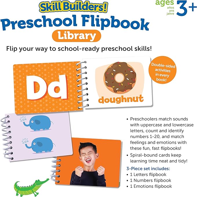 Learning Resources Skill Builders! Preschool Flipbook,3 Pieces, Ages 3+, Library Preschool, Learning Activities, letters, numbers, counting, toddler activity book
