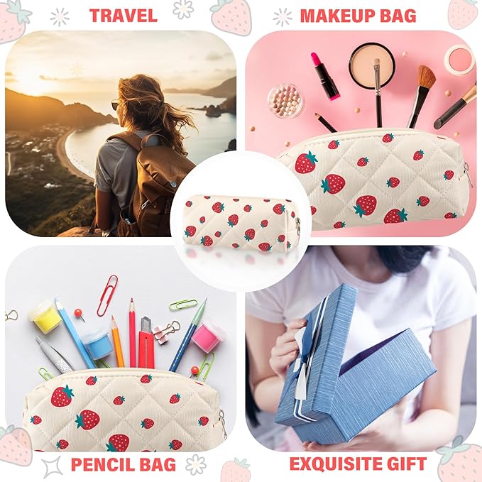 Sherr Strawberry Pencil Case Cute Fruits Pencil Pouch Soft Cotton Quilted Storage Bag Aesthetic Pattern Gift Makeup Pouch Cosmetic Travel Bag for Women