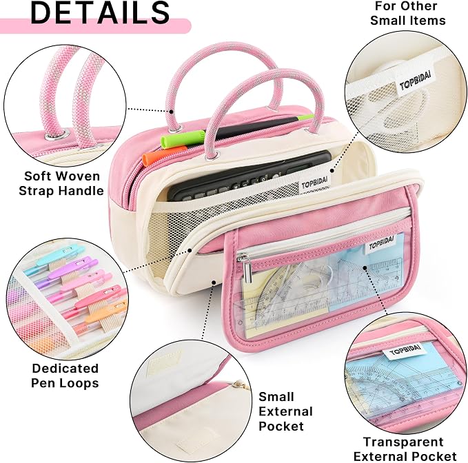 TOPBIDAI Large Pencil Case Pouch School Supplies for Girls Boy Women Men | Big Pencil Bag with 5 Compartments, Easy Grip Handle, Office College School Pencil Box