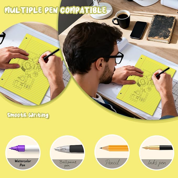 Yellow Loose Leaf Paper 8 x 10.5, 120 Sheets Lined Paper College Ruled Paper, 3 Hole Punched Notebook Paper College Ruled, 3 Ring Binder Paper 8 x 10.5, Filler Paper College Ruled for Office, School