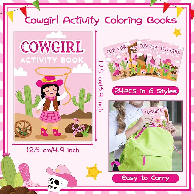 JAPBOR Cowgirl Activity Coloring Books - 24PCS Mini Western Theme Activities Color Book Bulk for Kids Party Favor, Wild West Hat Boot Cactus Colour Pages for Birthday Gifts Class Drawing Painting Game
