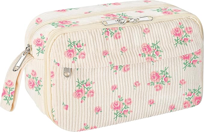 WOBAGMEN Cute Pencil Case,Large Corduroy Zippered Pencil Case Pouch, aesthetic Pencil Bag with Compartments, Pencil Pouch School Supplies (HY-corduroy pc-pink floral)