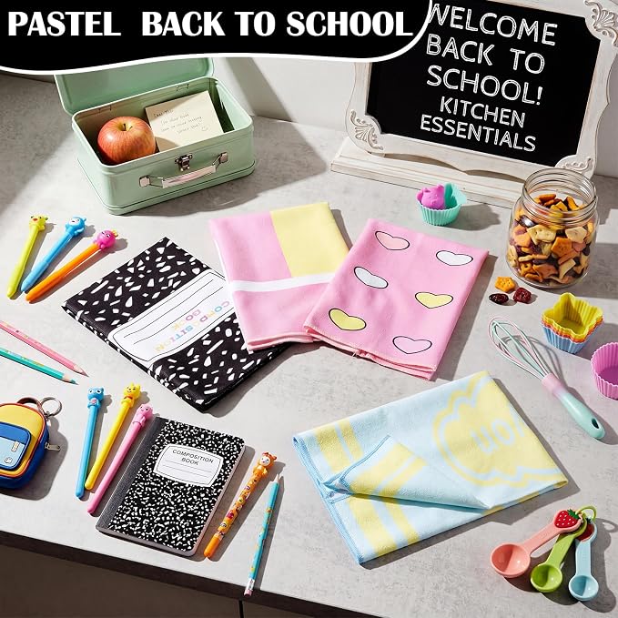 Frienda 6 Pcs Back to School Teacher Gift Kitchen Dish Towels 16x24'' First Day of School Classroom Decor Crayon Pencil Composition Notebook Decorative Hand Towel for Classroom Party Favor (Pastel)