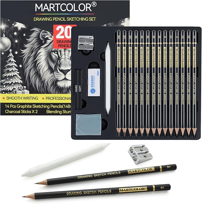 MARTCOLOR Drawing Sketching Pencil Set, 20 Pieces, Graphite Pencils (14B-4H), Charcoal Sticks, Stump, Eraser, Sharpeners, Ideal for Drawing Art, Sketching, Artist Pencils for Beginners & Pro Artists
