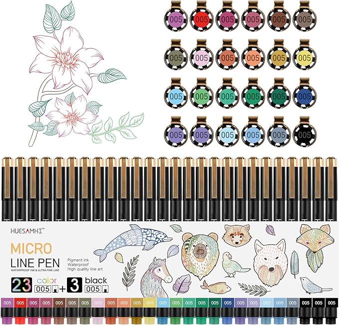 005 Micro Pen 23 Colors and 3 Black 0.20mm FineLiner Pens for Art Waterproof Ink Fine Tip Illustration Sketching, Anime Bullet Journal and Technical Drawing