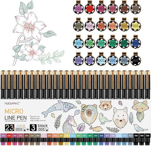 005 Micro Pen 23 Colors and 3 Black 0.20mm FineLiner Pens for Art Waterproof Ink Fine Tip Illustration Sketching, Anime Bullet Journal and Technical Drawing