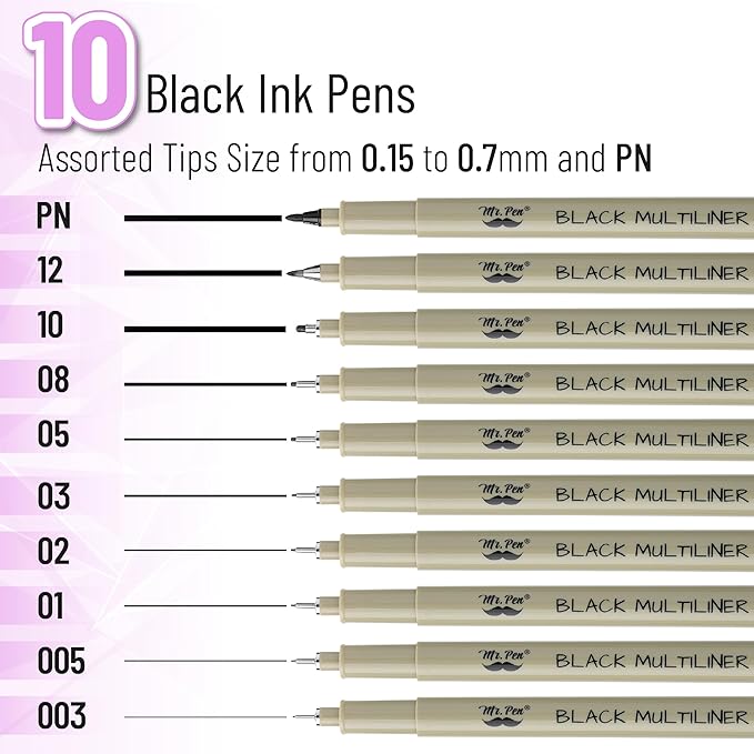 Mr. Pen- Drawing Pens Micro Fineliner Art Pens: 10 Black Fine Line Markers, Waterproof Archival Ink Watercolor Inking Multiliner Manga Sketching Art Supplies Adults Artist Sketch