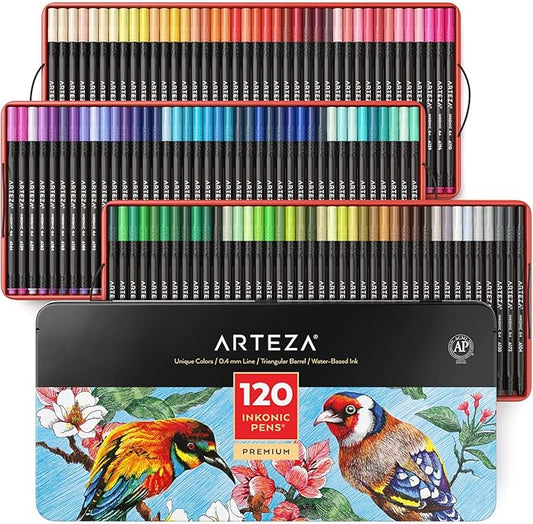 ARTEZA Inkonic Fineliner Pens, Set of 120, 0.4 mm Fine Tip Markers for Drawing, Journaling, Coloring & Note Taking