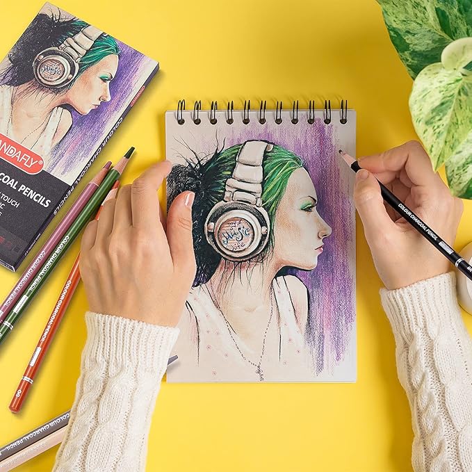 PANDAFLY Professional Colored Charcoal Pencils Drawing Set, Skin Tone Colored Pencil, Pastel Chalk Pencils for Sketching, Shading, Coloring, Layering & Blending, 12 Colors