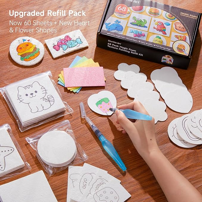 Shuttle Art 68 Pcs Magic Foam Texture Painting Refill Paper Kit - 60 Sheets of Upgraded Foam Texture Paper for a Magical 3D Effect