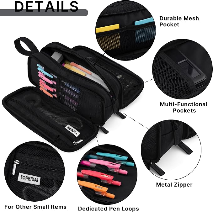 TOPBIDAI Large Pencil Case Pouch for Girls Boy Women Men Adults | Big Capacity Canvas Pencil Bag, Office School Supplies, Multi Compartment Zipper Stationery Pen Box (Coal Black)