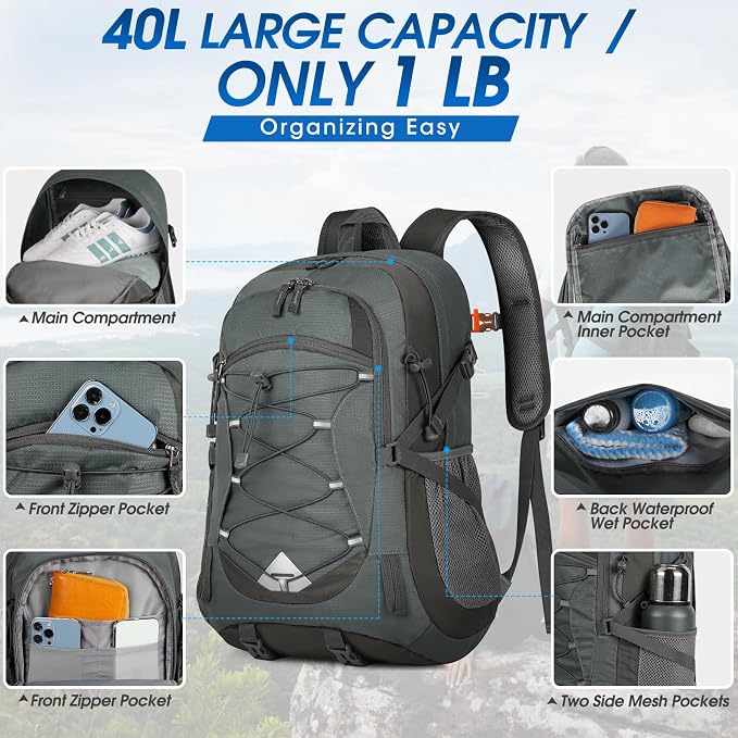 IGOLUMON Hiking Backpack 40L Packable Lightweight Camping Daypack Men Women | Multi-compartment storage Water-resistant Foldable Nylon Material Hiking Day pack for Camping Cycling Outdoor
