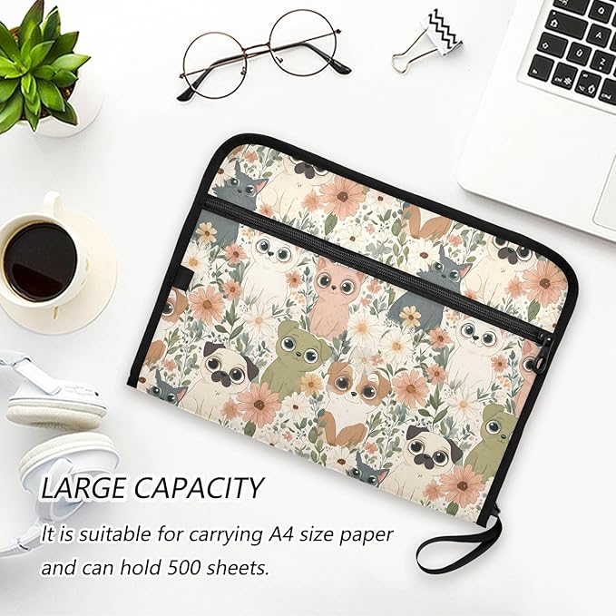 Cats Dogs Flowers Pattern 13 Pocket File Organizer Expanding File Folder with Front Pouch Portable Business File Storage Document Organizer Folder with Zipper