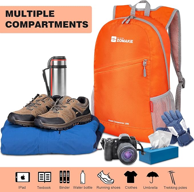 ZOMAKE Lightweight Packable Backpack 20L, Foldable Small Daypack for Hiking | Water Resistant Backpacks Day Bag for Travel Outdoor Camping Sport, Everyday Carry, Multi Compartment Storage(Orange)