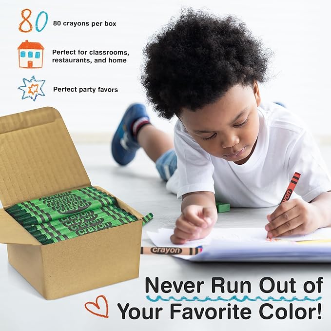 Green Crayons Bulk - 80 Count Regular Size Single Color Crayon Refill, Non-Toxic Art Supplies for Teachers, Classrooms and School Projects