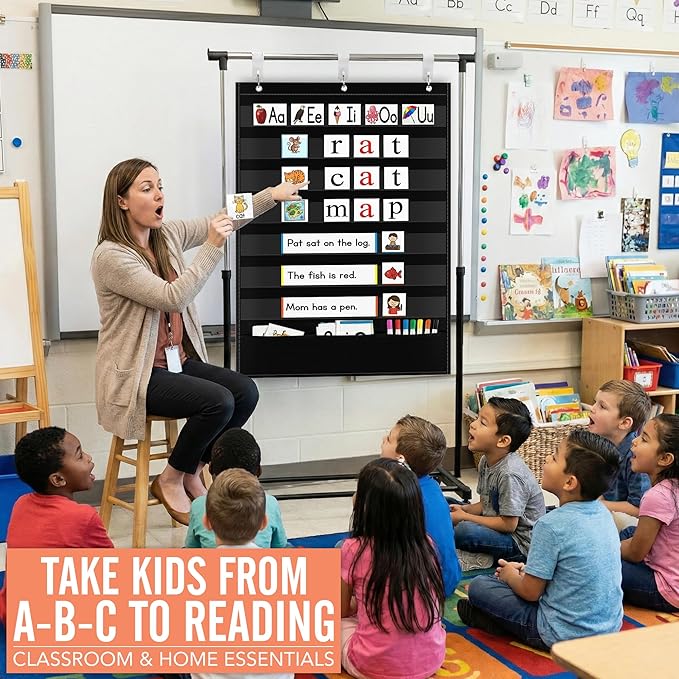 Standard Pocket Chart for Classroom - 7+1 Black Pocket Chart for Alphabet Learning Word Wall Calendar Daily Schedule Sentence Strips Sticker Display, Teacher Supplies for Preschool Kindergarten & Home