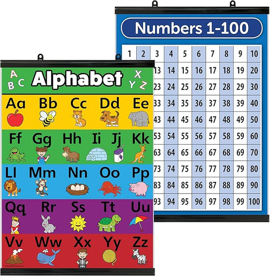 Palace Learning LAMINATED WITH PLASTIC FRAME ABC Alphabet & Numbers 1-100 Poster Chart Set (18" x 24")