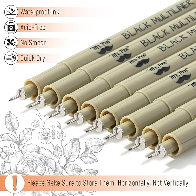 Mr. Pen- 0.2mm Micro Fine Point Pens, 8 Pack, Black Ink, Waterproof, Acid-Free, No-Smear Quick-Dry Fineliner Pens for Drawing, Sketching, Bible Journaling, Outlines & Everyday Writing