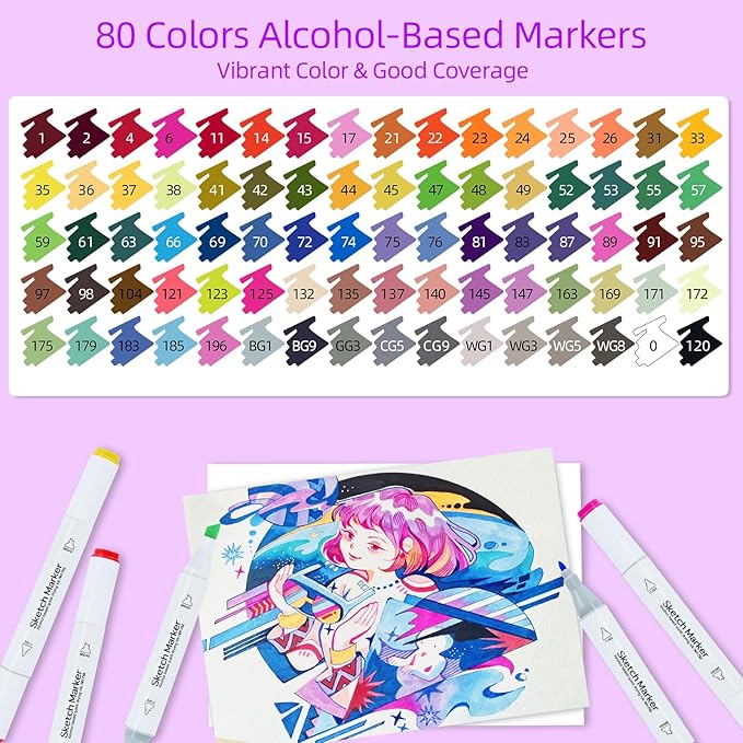 Alcohol Markers, 80 Colors Dual Tip Art Coloring Markers for Adult Coloring Books, Drawing, Sketching, Illustration with Carrying Case-White