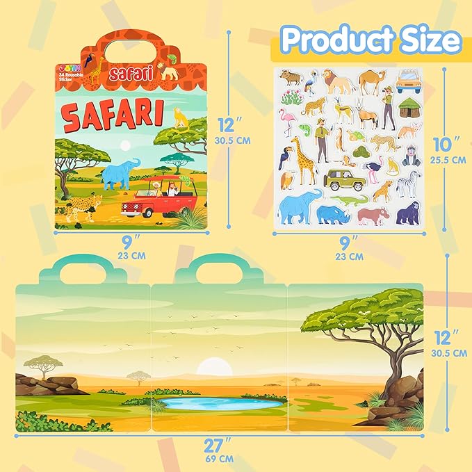 JOYIN Safari Animals Reusable Sticker Book for Toddlers, 3D Sticker Book for Kids 3 4 5, Travel Essentials, Airplane Activity Toys, Crafts Gifts, Birthday Gifts
