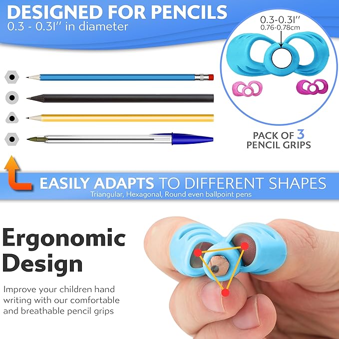 Stylo 3 Pack Pencil Grips for Kids Handwriting - Ergonomic Pencil Grippers for Toddlers Ages 2-5, Preschool & Kindergarten - Left Handed & Right Hand Writing Tools - Occupational Therapy Grip