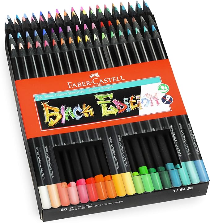 Faber-Castell Black Edition Colored Pencils - 36 Count, Black Wood and Super Soft Core Lead, Neon and Pastel Color Pencil Set, Spring Craft Supplies & Colored Pencils for Adult Coloring Book