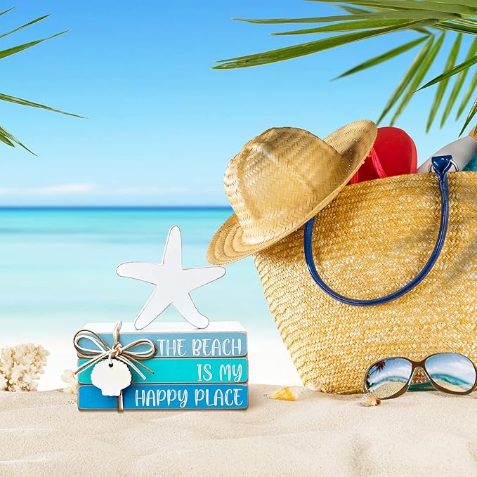 Pinkunn 4 Pcs Summer Table Coastal Theme Decorations Wooden Beach Starfish Stacked Book Sign Nautical Tiered Tray Signs & Plaques for Tabletop Shelf Mantel Office Beachy Room Decor