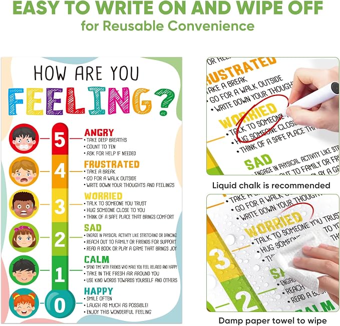 FaCraft Feelings Chart Poster for Kids Toddlers - Laminated Emotions Chart Boho Learning Educational Posters for Preschool Kindergarten Classroom Bulletin Board Decorations Teacher Back to School