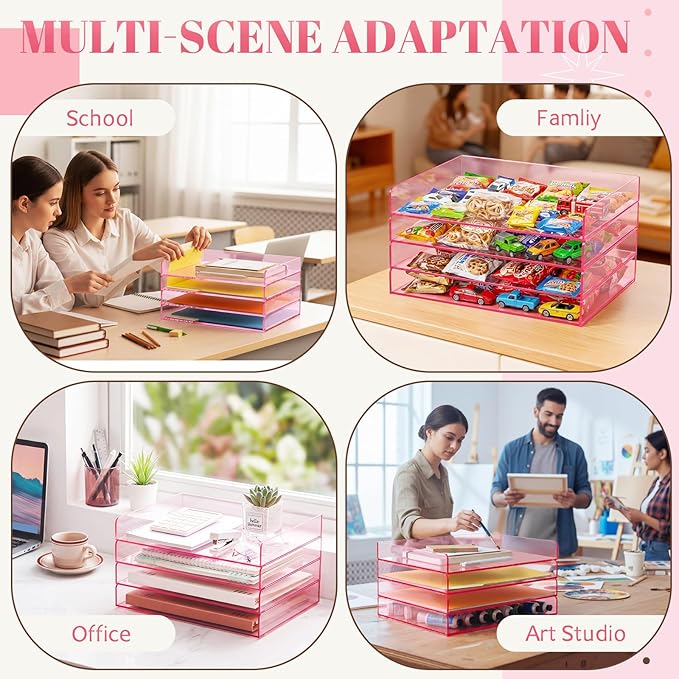 Harloon 4 Tier Clear Hot Pink Acrylic Paper Organizer Letter Tray, Aesthetic Stackable Low Profile Desk File Organizer Modern Heavy Duty Paper Holder Tray for A4, Office Home File Pad Books Notes