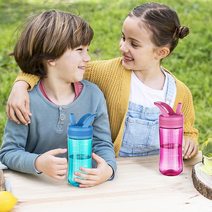 14oz Clear Kids Water Bottle with Straw Lid, BPA-Free Tritan, Measurement Scale, Sturdy Handle Wide Mouth Leak-proof Reusable Plastic Bottle for Boy& Girls, Back to School(Blue)