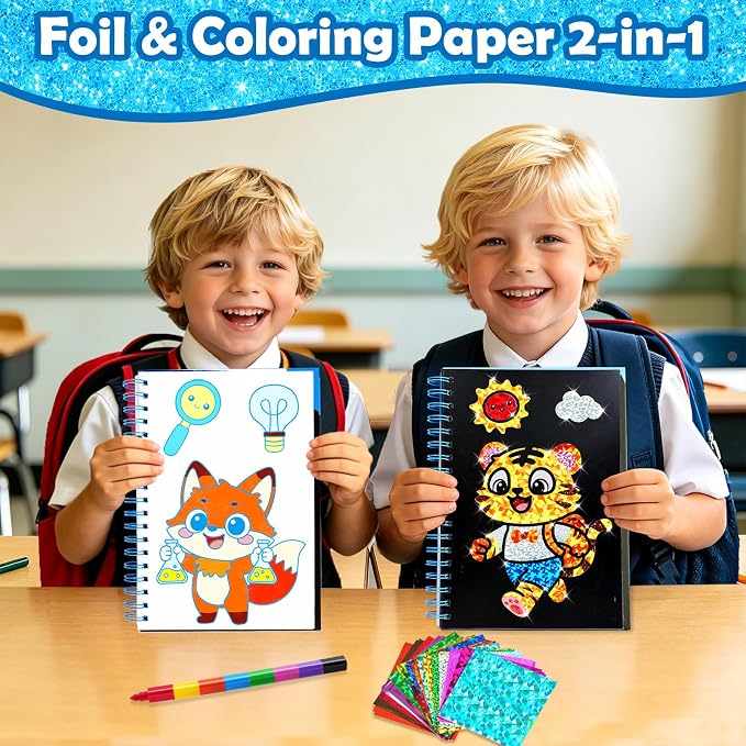 FUNNYB&G Foil Art Craft Kit for Boys 4-10 Years Old: Mess-Free & No-Glue, Create 16 Happy Back to School Pictures – Perfect Travel Toy & Birthday Gift for Kids (Happy Back to School)