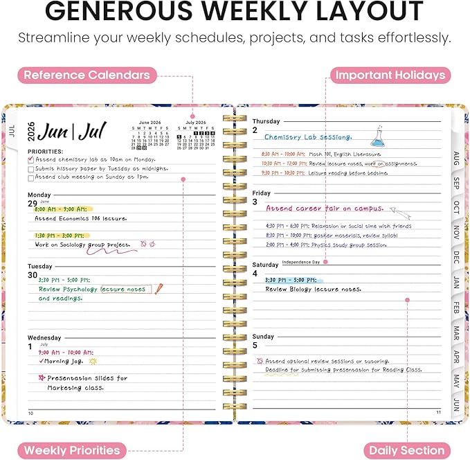 Planner 2026-2027, Academic Year Monthly and Weekly Calendar Planner, Jul 2026 - Jun 2027, Hardcover Teacher Student Planning Agenda book with Tabs, Perfect for School Office Supplies, 6.3" x 8.5" - Pink Garden