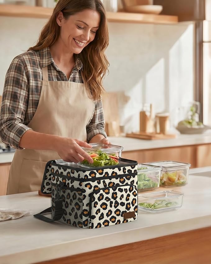 HOTOR Insulated Lunch Box Men Women Leak-Proof Cooler Lunch Bag 9L | 4 Pockets, Adjustable Strap, Ideal for Work, Picnic, Travel, Camping, Gift, Brown Leopard