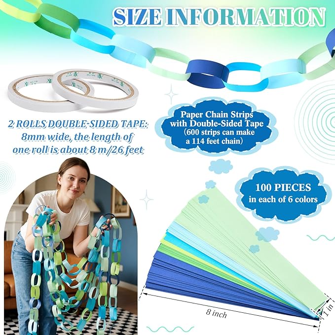 Lincia 600 Sheet Paper Chain Garland Strips 1x8 Inch with Double Sided Tape, DIY Construction Paper Chains for Birthday Wedding Holiday Party Decorations, Crafts Supplies (Blue)