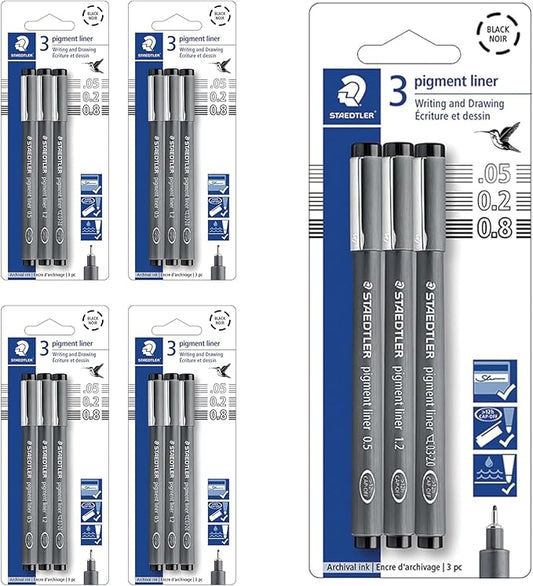 STAEDTLER Pigment Liner Pack, Black, 3 Pens, 5 Pack (15 Pieces)