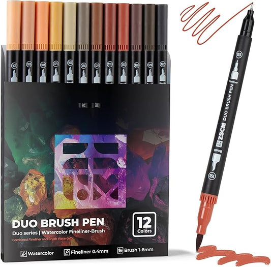 Skin Tone Duo Tip Marker Pens, 12 Pack Fine & Brush Markers for Adult Coloring Books No Bleeding, Watercolor Skin Tone Markers for Hair and Portrait Sketch Drawing Lettering Writing Calligraphy