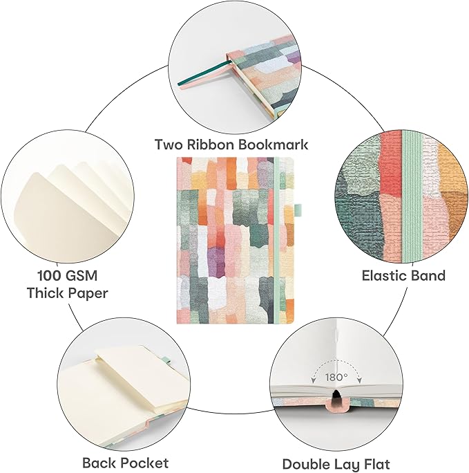 &And Per Se Dotted Journal Notebook, A5 Hardcover Aesthetic Dotted Notebook – 160 Pages 100gsm Thick Dot Grid Paper, 3 Sticker Sheets – Gift-Ready Journaling Kit for Women (Colorful Stripes)