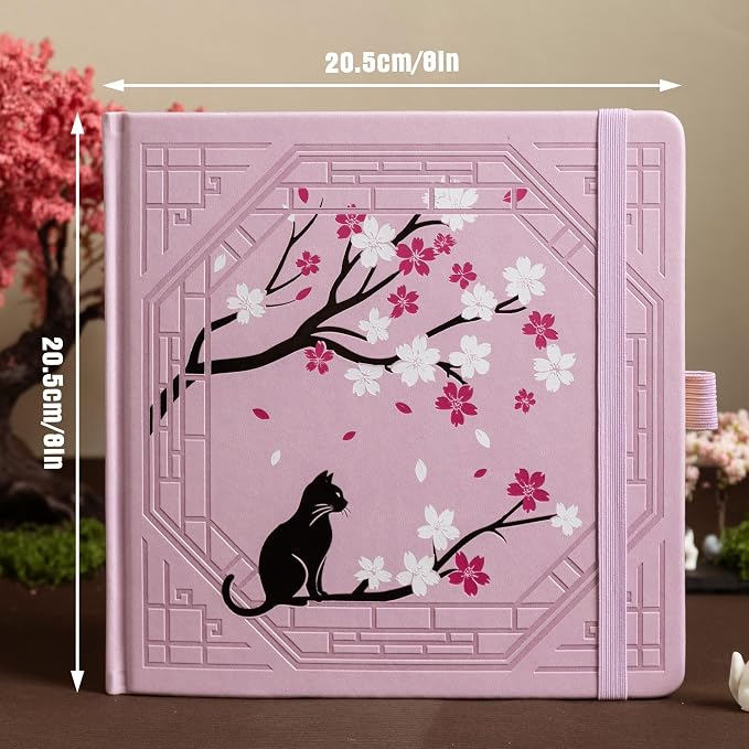 TIEFOSSI Square Dotted Journal, Cute Cat Journal for Women Girls, Dot Notebook with Pretty Sakura Pattern, Aesthetic Diary for Writing Journaling Drawing, Golden Edges, 8 x 8 IN
