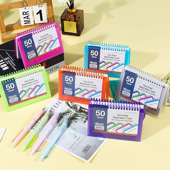 BAZIC Products Ruled Index Cards Book 3" X 5", View Poly Cover Spiral Bound Memo w/ 2 Tab Divider, White Flashcards, Lined Card for Memory (50/Pack), 24-Packs