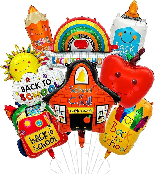 8PCS Back to School Balloons Set, Apple School Backpack Pencil Rainbow Crayon Correction Fluid Bottle Sun Balloons, Classroom Decorations for First Day of School Welcome Party Supplies