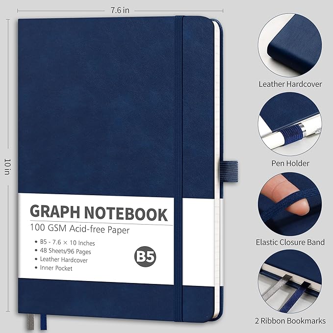 RETTACY Graph Grid Paper Notebook, 96 Pages, B5 Medium Size (7.6'' x 10''), 5 Squares per Inch, Leather Hardcover, 100 GSM Thick Paper, for School, Students, Math, Engineering (Navy Blue)